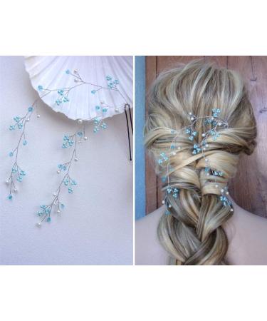 BERYUAN Women Cute Long Hair Vine Opal Blue Crystal Light Blue Pearl Headpiece Sapphire Wedding Hair Accessory Gift for Her Party Headpiece for Bride Bridesmaid Girls(Silver)