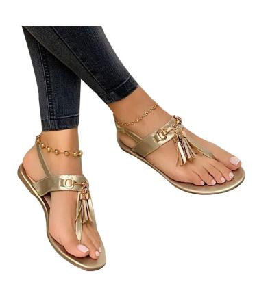Summer sandals for women flat flip-flops with clip toe bohemia-tassel beach sandals to slip in elastic T-strap house shoes light comfortable hiking shoes beach sandals (goud 43 EU