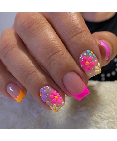 French Tip Press on Nails Short Fake Nails Colorful Flowers Acrylic Nails Full Cover Square Shaped False Nails with Daisy Designs Glossy Spring Summer Glue on Nails for Women Girls Manicure  24Pcs