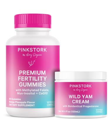 Pink Stork Fertility Gummies + Wild Yam Cream for Women: Folate Myo-Inositol Vitamin Gummies + Hormonal Balance Cream for Menstrual Cycle Reproductive Health and Conception Support