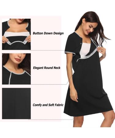 Sykooria Women's Maternity Nursing Nightdress - Short Sleeve V Neck Nightgown in Black - Soft Sleep Shirt for Pregnant Women - Buy Online on GoSupps.com