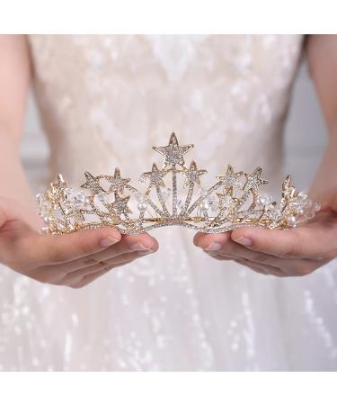 JWICOS Star Rhinestone Princess Crowns for Women and Girls Wedding Bridal Party (Gold)