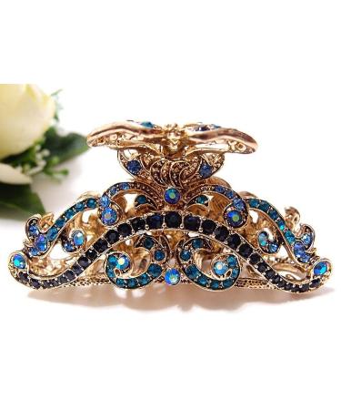 TROTH FASHION Metal Antique Silver Plated Hair Clips Women Crystal Rhinestone Hair Claw Diamante Claw Hair Clamp Anti Slip Large Claw Clips for Thin & Thick Hair Hair Styling Accessories Women Antique Gold Blue