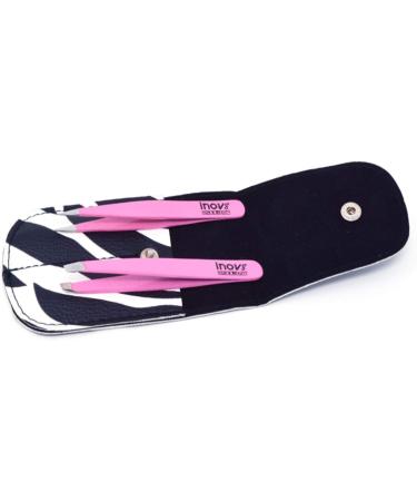 Stainless Steel Eyebrow Pink Tweezers with Zebra Designed Travel Pouch - Plucking Beauty Tool - Plucking 2 Pieces Set for Ingrown Hair and Facial Hair - Buy Online on GoSupps.com