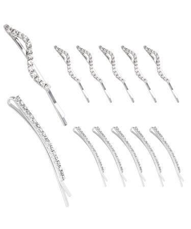 10 Pieces Clear Rhinestone Crystal Bobby Pins Scettar Silver Metal Hair Clips Hair Accessories for Women Crystal Hair Pin Decorations for Brides Girls 2 Styles (S-shaped and Single Row)