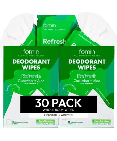 FOMIN Travel Deodorant Wipes - 30 Count - Refreshing Cucumber and Aloe - pH Balanced Hypoallergenic Mini Deodorant Wipes For Women and Men - Plastic-Free Individually Wrapped Underarm & Body Wipes Refresh - Cucumber Aloe