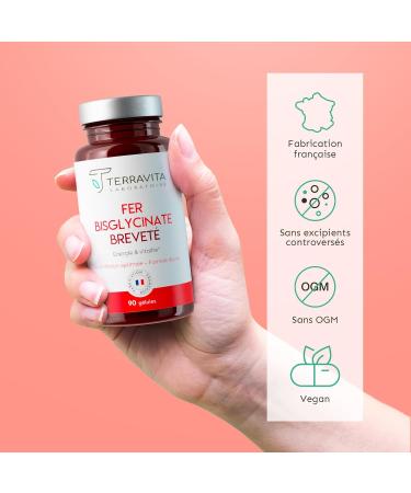 Pure Bisglycinate Iron 14 mg | Anti-Fatigue Food Supplement | Ferrochel High Absorption Patented Iron | 3 Month Cure Without Digestive Disorders | 90 Vegetable Capsules | Made in France | Terravita - Buy Online on GoSupps.com