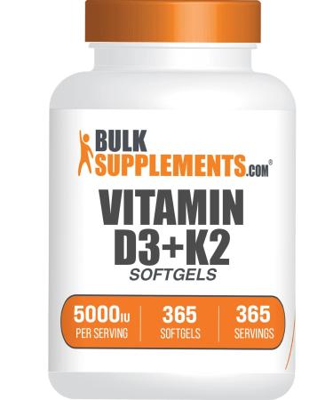 BulkSupplements.com Vitamin D3 + K2 5000 IU Softgels - D3 K2 Supplement for Immune Health - Gluten Free 1 Softgel per Serving 365 Count (Pack of 1)
