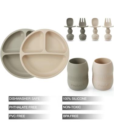 PandaEar Baby Weaning Set | Silicone Feeding Supplies for Baby Led Weaning | Includes 2 Divided Suction Plates, 2 Tiny Cups, Spoons, Forks | Self Feeding Eating Set in Light Tan/Walnut - Buy Online on GoSupps.com