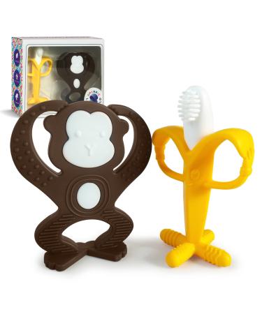 Baby Teething Toys Set - Baby Monkey Banana Teether and Toothbrush - Safe and Durable Teething Set - Teething Banana Toy for Babies - Teething Toys with Various Textures and Educational Design Brown & Yellow
