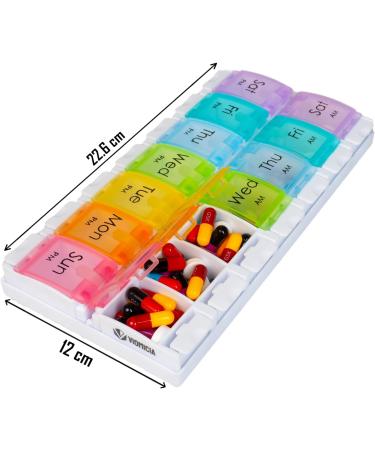 Viomicia 7 Day Pill Box Organizer with Push Button Design - 14 Compartments for Vitamins & Medication - Buy Online on GoSupps.com