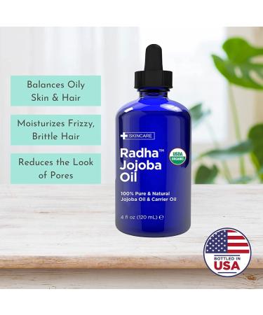 Radha Beauty USDA Certified Organic Jojoba Oil 4 fl oz - 100% Pure Unrefined Cold Pressed - Great Carrier Oil for Hair, Skin & Nails - Buy Online on GoSupps.com