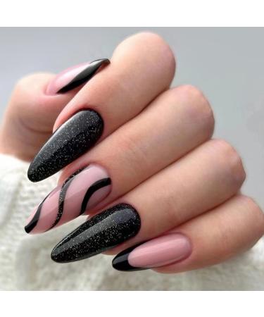 Justotry 24 pieces swirl stiletto nails to stick on medium glitter black French press on nails beautiful pink almond art nails fake nails short fingernails artificial nails for women black & glitter 3