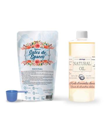 PLANTAWA Epsom Salts Pack 1kg + Sweet Almond Oil 500ml | Sleep Improvement & Muscle Relaxation Deep Hydration Skin & Hair Nutrition 100% Natural