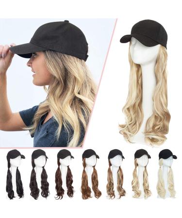 Baseball Cap with Hair Extensions Synthetic Hair Wig Baseball Hat with Hair Attached Long Wavy Adjustable Wave Hairpiece With Baseball Hat Cap Wig for Women #16P613 sandy blonde mix bleach blonde Cap hair-Wavy Cap hair-Wav…