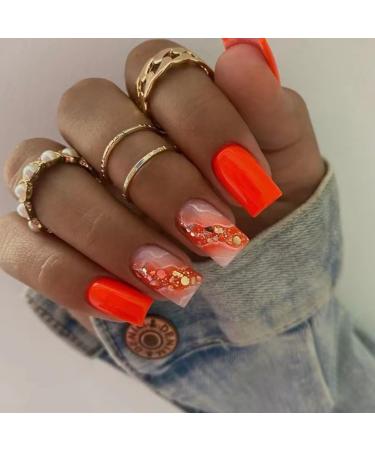 Orange Press on Nails Medium Square Fake Nails Marble Texture Glossy False Nails with Glitter Gold Foil Design Stick on Nails Full Cover Acrylic Glue on Nails for Women Girls Manicure 24Pcs Gold Orange
