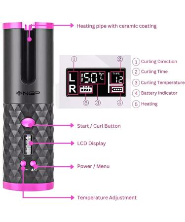NGP Automatic Hair Curler | Cordless Auto Curler with LCD Display 6 Temps & Timers | Portable Rechargeable Self-Hair Curling Iron for Lasting Shiny Curls - Shop Internationally - Buy Online on GoSupps.com
