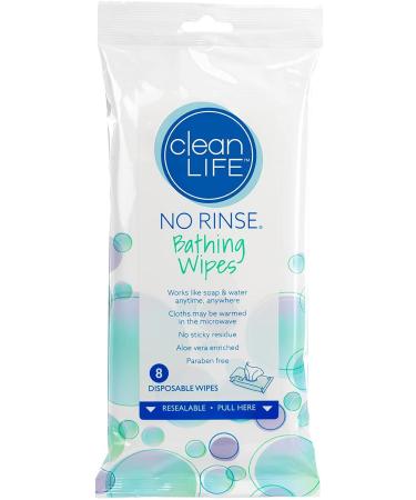 No-Rinse Bathing Wipes by Cleanlife Products (8 Pack), Premoistened and Aloe Vera Enriched for Maximum Cleansing and Deodorizing - Microwaveable, Hypoallergenic and Latex-Free (8 Wipes)