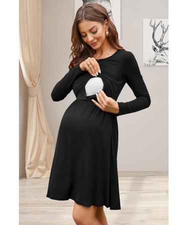 OUGES Womens V-Neck Maternity Nursing Dress with Pockets - Long/Short Sleeve Casual Floral Gown - Black - Buy Online on GoSupps.com