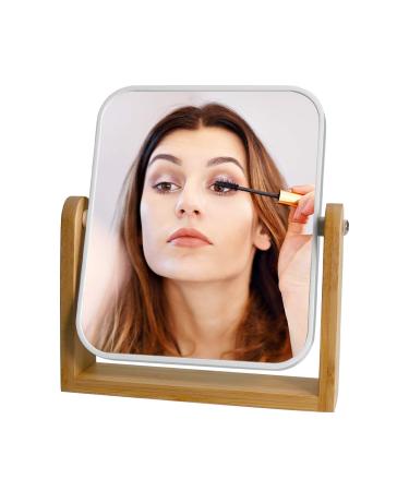 Square White Vanity Makeup Mirror - 1x/3x Magnification, Double Sided 360 Rotation, Portable Tabletop Design with Bamboo Stand - Small Standing Mirror for Desk - Buy Online on GoSupps.com