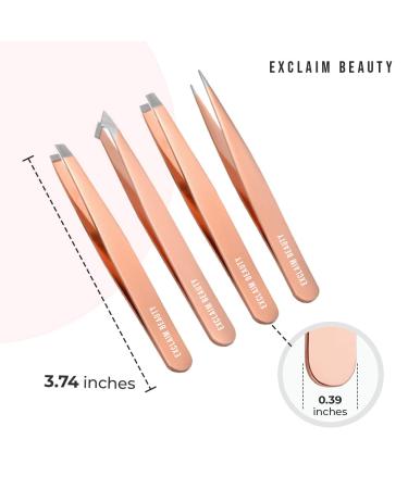 EXCLAIM BEAUTY 4-Piece Stainless Steel Precision Tweezers Set for Men & Women - Eyebrow, Splinter, and Ingrown Hair Removal - Includes Leather Case - Rose Gold - Buy Online on GoSupps.com