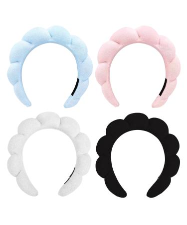 4 Pack Sponge Headband Soft Spa Headband for Women Multifunction Makeup Headband Skincare Headbands Cute Clouds Headband for Washing Face Skincare Makeup Removal (Black White Pink Blue)