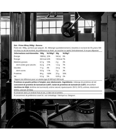 QNT Prime Whey banane 84% de Whey Prot ine contient de l isolat de whey aide augmenter le volume et la force des muscles riche en BCAA et sans sucre ajout 908g 30 doses - Buy Online on GoSupps.com