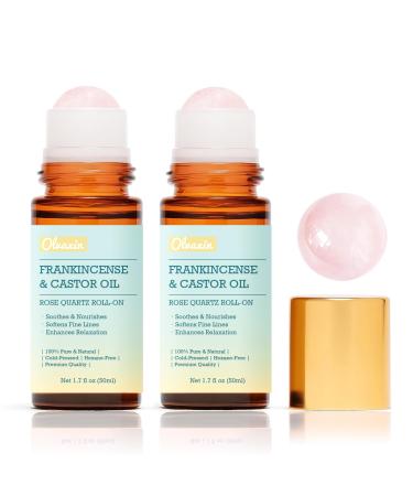 Frankincense and Castor Oil Roll-On with Rose Quartz - 2 Pack x 1.7 fl oz | 100% Pure Cold-Pressed Organic Functional Oil for Face Hair & Body Care | Softens Fine Lines & Supports Inner Balance