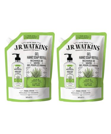 J.R. Watkins Gel Hand Soap Refill Pouch, Scented Liquid Hand Wash for Bathroom or Kitchen, USA Made and Cruelty Free, 34 fl oz, Aloe & Green Tea, 2 Pack Aloe & Green Tea Refill 34 Fl Oz (Pack of 2)