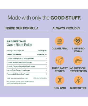 Hilma Natural Gas & Bloating Relief - Lemon Balm, Fennel & Peppermint - Doctor Formulated with Organic Ingredients - 50 Vegan Capsules - Buy Online on GoSupps.com