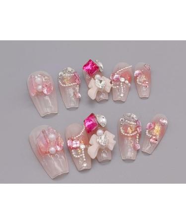 IJRMTVWO Handmade Wearing Nail Pink bow sweet Coffin type manicure Nail Patch Wearable Nail Removable reusable 10PCS 1 count (Pack of 1) - Buy Online on GoSupps.com