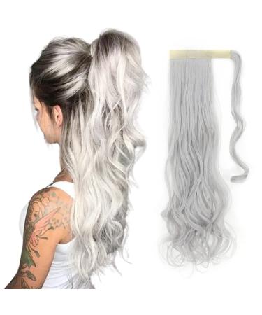 24" Long Curly Wavy Wrap Around Ponytail Clip in Hair Extensions One Piece Hairpiece Magic Tape in Pony Tail Extension for Women Silver Gray Silver Gray 24 Inch