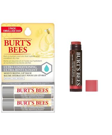 Burt's Bees Hydrating Lip Balm for Dry Chapped and Cracked Lips Mother's Day Gift & Tinted Lip Balm Rose Mother's Day Gift Gift for Mom 100% Natural - 1 Tube (Packaging may vary) Lip Balm + LIP_BALM HU-XI-178
