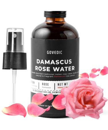 Govedic Rose Water Spray for Face Made with Damask Rose Petals All-Natural Formula No Dyes or Alcohol Suitable for All Skin & Hair Types 100ml 3.38 Oz Amber Spray Bottle