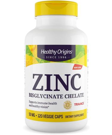 Healthy Origins Zinc Bisglycinate Chelate 50 mg - Chelated Zinc for Immune Support Cellular Health & Eye Health - Skin Hair & Nails Vitamin - Non-GMO & Gluten-Free Supplements - 120 Softgels