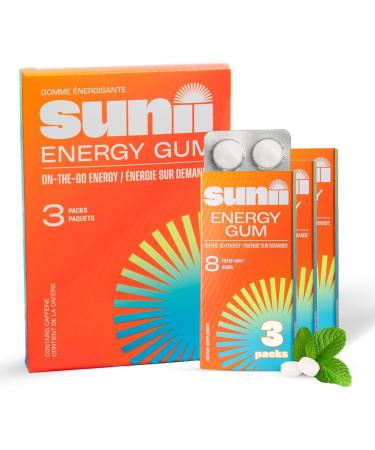 SUNII ENERGY GUM - New Quick Boost Energy & Focus - 50mg Caffeine Gum -Vitamins B6 & B12, Taurine, Vegan, No Sugar, Zero Calorie, Fresh Mint Taste - Faster Than Chews, Drinks, Gels & Pills (24pcs)