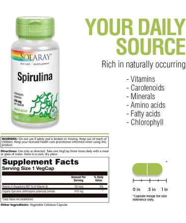 SOLARAY Spirulina 410mg | Algae Superfood Supports Energy Vitality & Overall Health | 100ct 100 Serv. - Buy Online on GoSupps.com