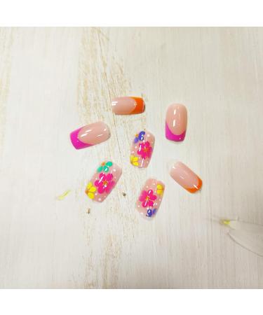 Colorful Flower Short Square Press on Nails - 24Pcs A11 | Full Cover Acrylic False Nails for Women - Buy Online on GoSupps.com