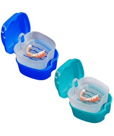 KISEER 2 Pack Colors Denture Bath Case Cup Box Holder Storage Soak Container with Strainer Basket for Travel Cleaning (Light Blue and Blue)