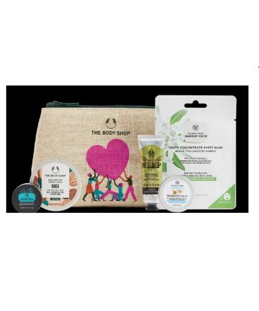The Body Shop Best 6 PC Mini Set shea Butter camomile youth sheet mask hemp hand charcoal TRAVEL Bag