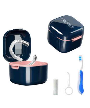 Denture Bath Box Cup，Denture Bath Case with Strainer Basket，False Teeth Storage Box Holder，Retainer Cleaning Box， Soak Cup ，With braces chewable tablets， Braces removal tool and toothbrush（Blue）