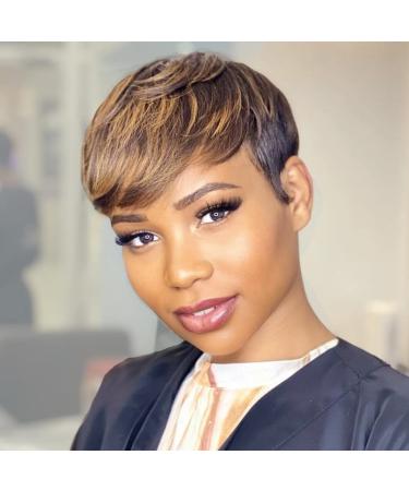 ZHENLISI Short Pixie Cut Wigs Ombre Brown to Golden Brazilian Human Hair Wig for Black Women Color Brown Fluffy Natural Daily Wig P4/27