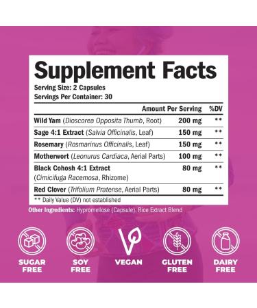 Vegan Menopause Relief Supplement for Women - Hormone Balance, Night Sweats, Hot Flashes, Mood Support - Wild Yam, Black Cohosh, Red Clover - 60 Capsules - Buy Online on GoSupps.com