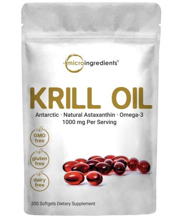 Antarctic Krill Oil Supplement, 1000mg Per Serving, 300 Soft-Gels, Rich in Omega-3s EPA, DHA & Natural Astaxanthin, Supports Immune System & Brain Health, Easy to Swallow 300 Count (Pack of 1)