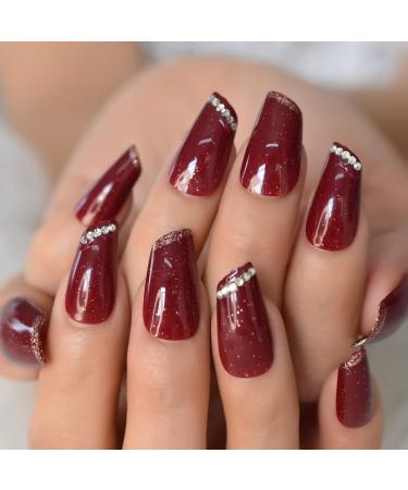 Burgundy Galaxy Glitter Shiny Medium Length Fake Nails Set - 24 Rhinestone DIY Nail Art Tips - Buy Online on GoSupps.com