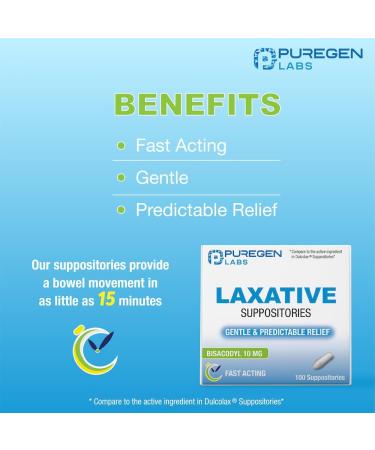 Puregen Labs Fast Relief Laxative Suppositories - 100 Count Bisacodyl 10mg | Quick Constipation Relief in 15-60 mins | USA-Made Stimulant Laxative - Buy Online on GoSupps.com