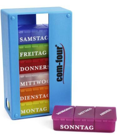 Com-Four 7-Day Drug Doser & Pill Organizer - Weekly Medication Box with 3 Compartments - Light Blue - Perfect for Morning Lunch Evening Doses - Buy Online on GoSupps.com