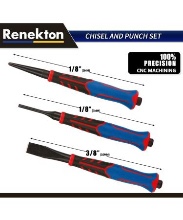 Renekton 3-Piece Punch and Chisel Set | 1/8 Center Punch, Hinge Pin Punch, Cold Chisel | Metal Striking Hammer Cap | Cr-v Steel - Buy Online on GoSupps.com
