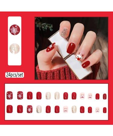 Carufin 24Pcs Christmas Tree Love Short Fake Nails Pearl Flowers Dog Rabbit Acrylic False Nails Press on Nails for Women Girls (D) - Buy Online on GoSupps.com
