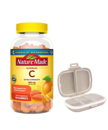 Nature Made Extra Strength Vitamin C 500 mg 180 Gummies Bundle with a Pill Oragnizer (2 Items)